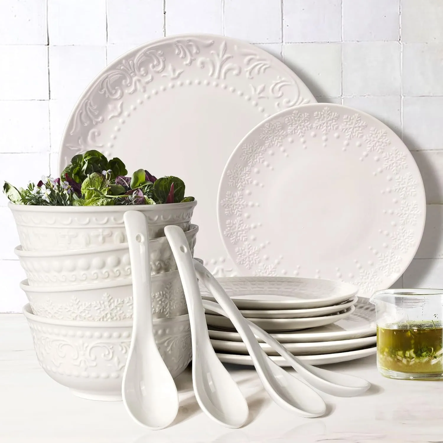 Plates and Bowls Sets - 16 Pieces Ceramic Dinnerware Sets for 4, Embossed White Dish Set Porcelain Kitchen Dishware Sets Dishwasher & Microwave Safe (Multiple Patterns)