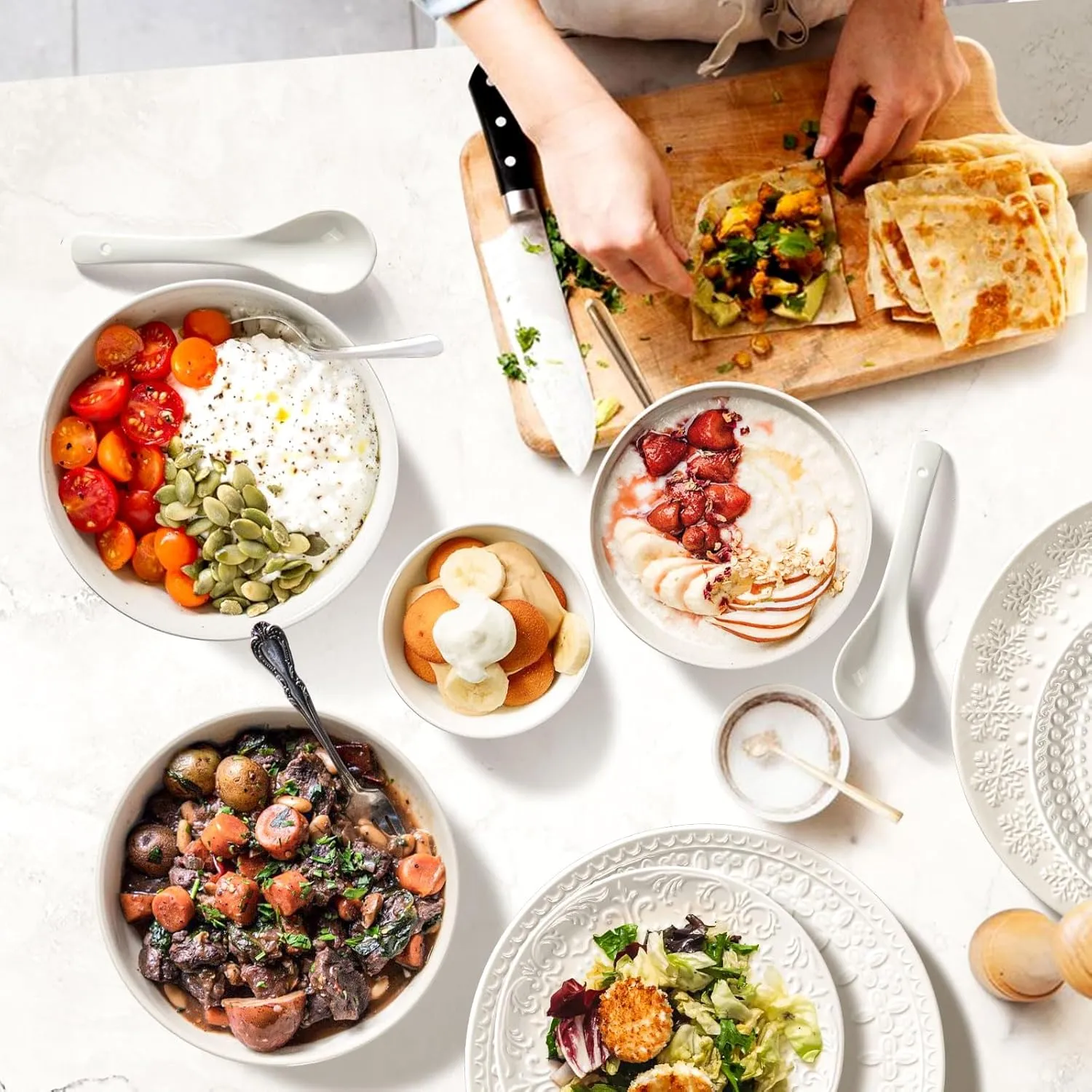 Plates and Bowls Sets - 16 Pieces Ceramic Dinnerware Sets for 4, Embossed White Dish Set Porcelain Kitchen Dishware Sets Dishwasher & Microwave Safe (Multiple Patterns)