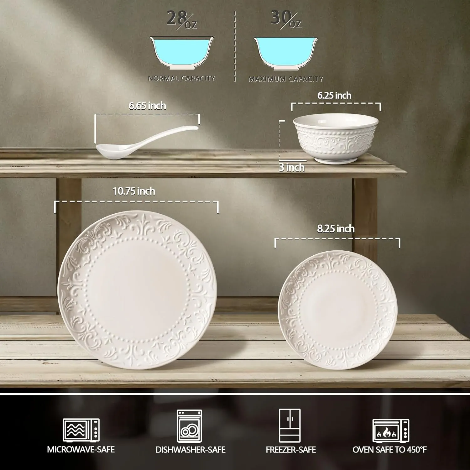 Plates and Bowls Sets - 16 Pieces Ceramic Dinnerware Sets for 4, Embossed White Dish Set Porcelain Kitchen Dishware Sets Dishwasher & Microwave Safe (Multiple Patterns)
