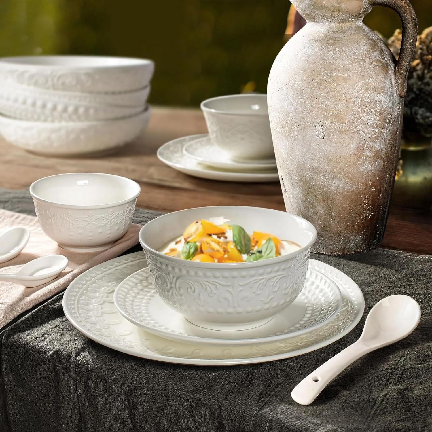 Plates and Bowls Sets - 16 Pieces Ceramic Dinnerware Sets for 4, Embossed White Dish Set Porcelain Kitchen Dishware Sets Dishwasher & Microwave Safe (Multiple Patterns)