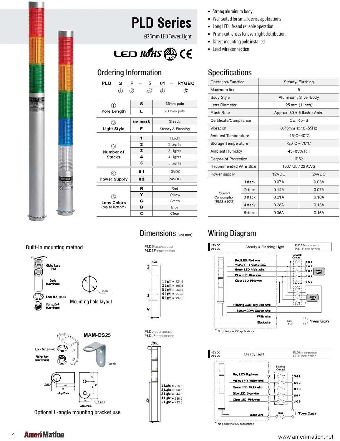 PLDL-302-RYG, LED stack tower light, 25mm red/yellowgreen color 3 stack, Steady, Direct mounting 200mm long aulminum body, 25" prewired, 24V AC/DC