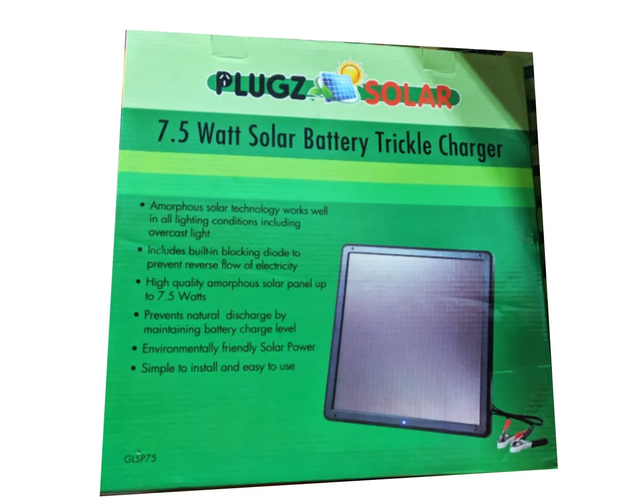 Plugz Solar 7.5W Solar Panel Battery Trickle Charger 12v Battery Charger