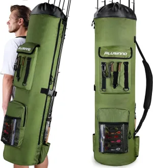 PLUSINNO Fishing Backpack with Rod Holders, Large Storage Fishing Tackle Bag Holds 6 Rods & Reels, Foldable Fishing Rod Bag Case for Fishing Gear Equipment, Fishing Gifts for Men, Green