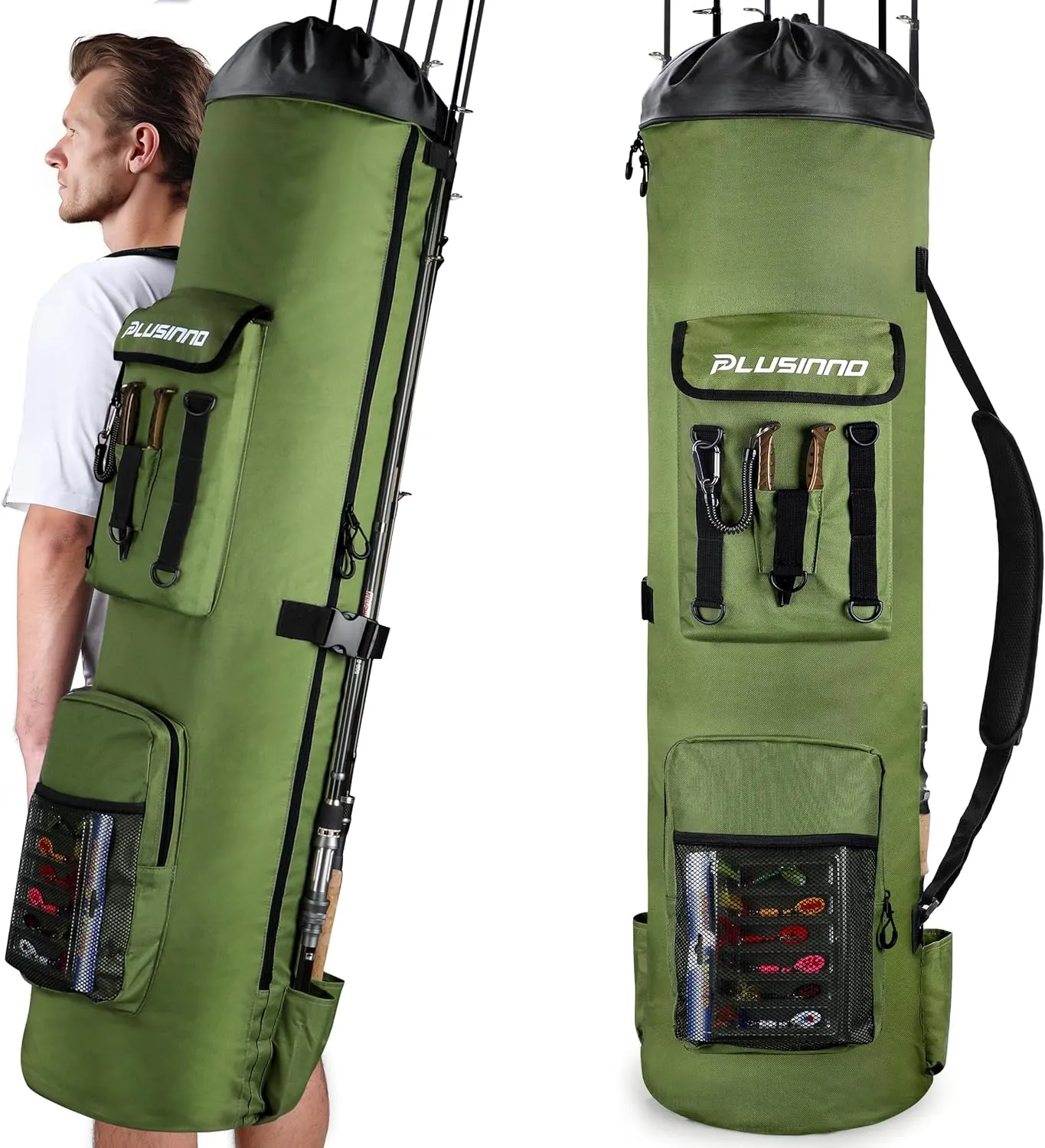 PLUSINNO Fishing Backpack with Rod Holders, Large Storage Fishing Tackle Bag Holds 6 Rods & Reels, Foldable Fishing Rod Bag Case for Fishing Gear Equipment, Fishing Gifts for Men, Green