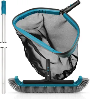 POOLWHALE Swimming Pool Cleaning Kit - Aluminum Frame Skimmer Net with 10Ft Adjustable Pole & 17.5” Pool Brush Head, Pools Maintenance Kits for Inground & Above Ground Swimming Pools, Removes Debris