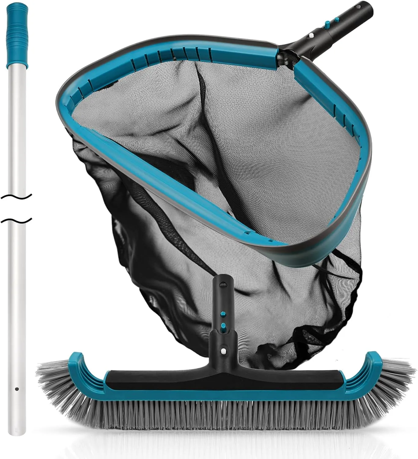 POOLWHALE Swimming Pool Cleaning Kit - Aluminum Frame Skimmer Net with 10Ft Adjustable Pole & 17.5” Pool Brush Head, Pools Maintenance Kits for Inground & Above Ground Swimming Pools, Removes Debris