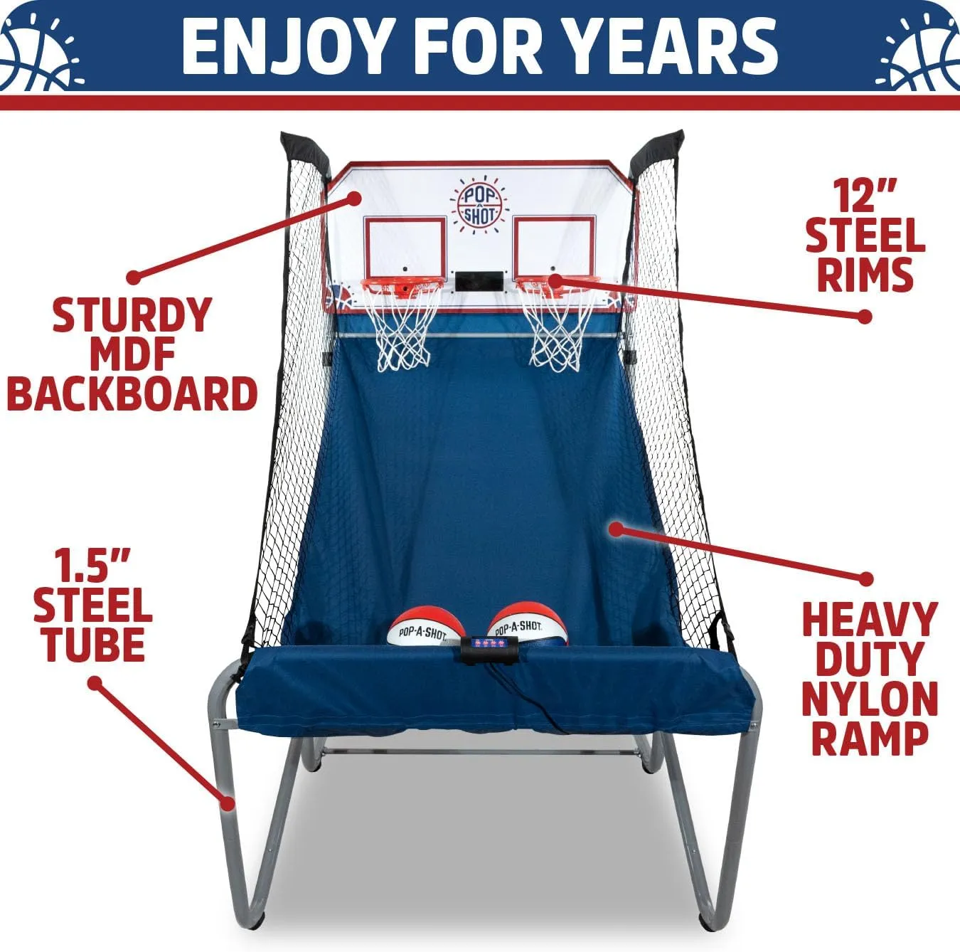 Pop-A-Shot - Home Dual Shot | Arcade Basketball Game for Home | Sensor Scoring Hoop, 16 Game Modes, 7 Balls | Foldable for Easy Storage | Fun for All Players