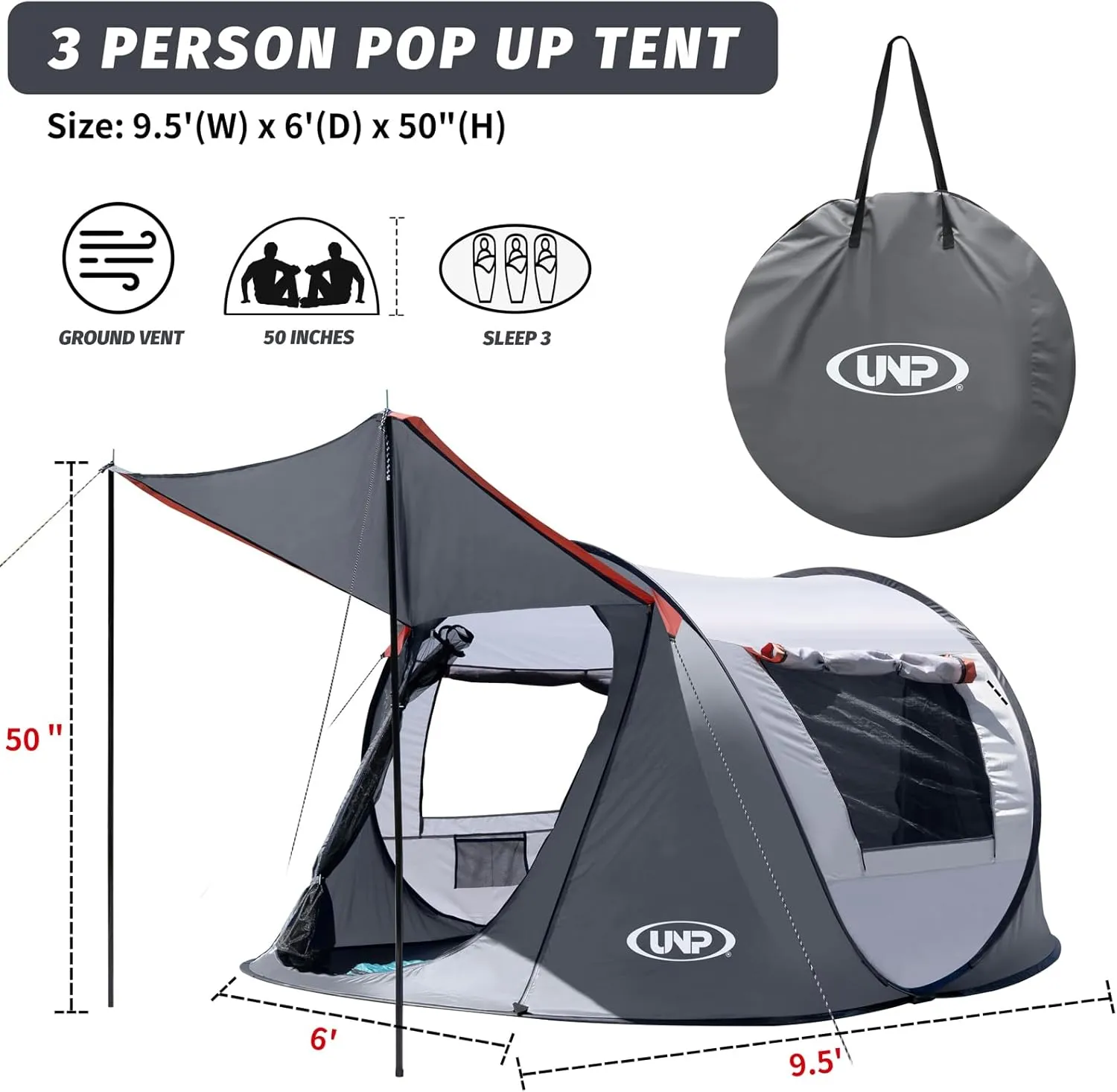 Pop-up Tent, 3 Person Camping Tent, Instant Portable Beach Tent, Easy Pop Up Shade Tents 2 Doors for Camping Hiking & Traveling with Carrying Bag
