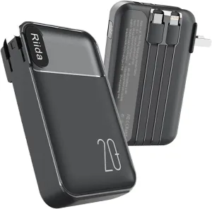 Portable Charger 20000mah with Built in Cables and AC Wall Plug, 22.5W Fast Charging Power Bank with LED display, 4 Outputs 3A Travel Battery Pack for iPhone 16/15/14/13, Samsung, Android, iPad(Black)