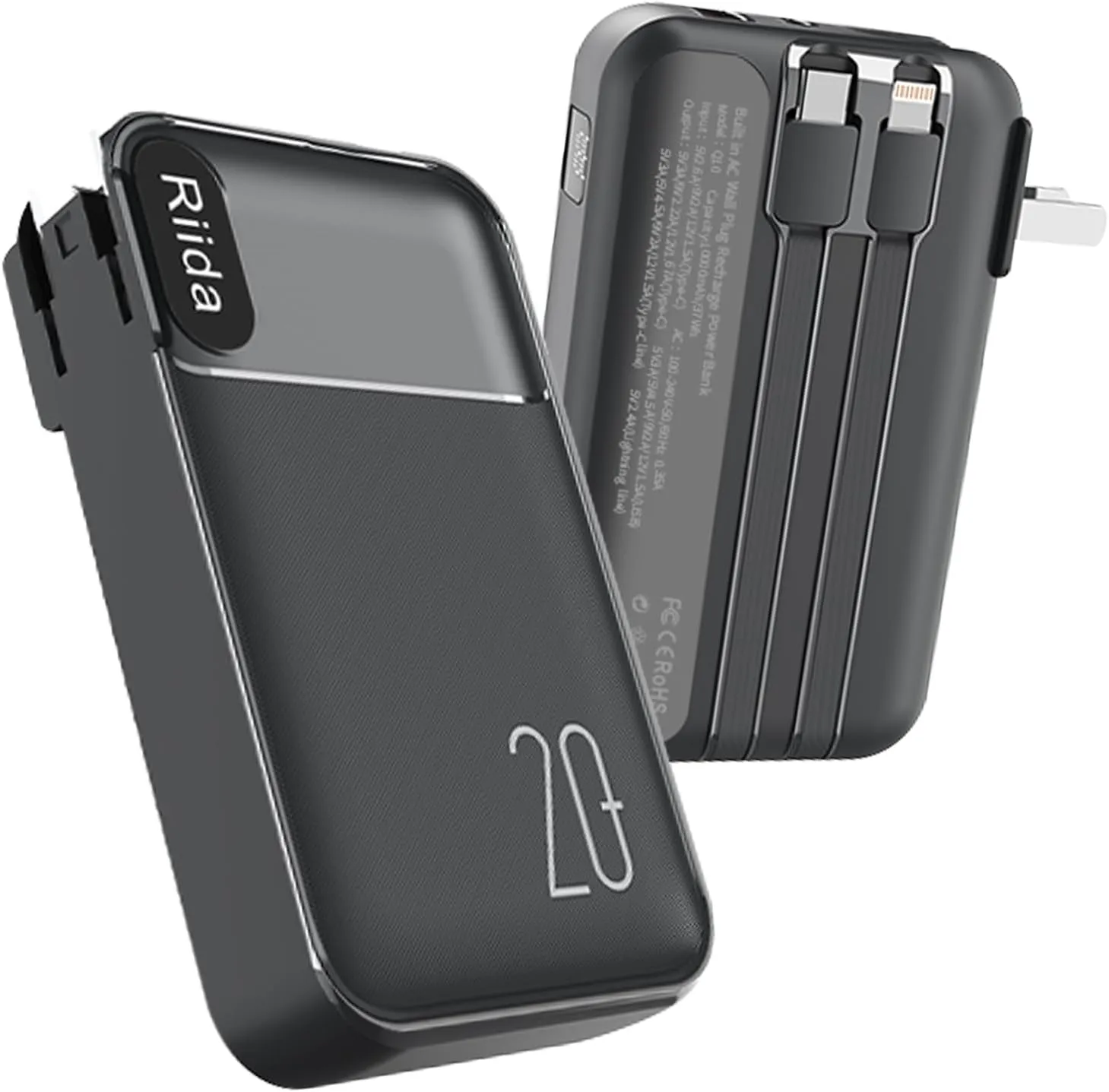 Portable Charger 20000mah with Built in Cables and AC Wall Plug, 22.5W Fast Charging Power Bank with LED display, 4 Outputs 3A Travel Battery Pack for iPhone 16/15/14/13, Samsung, Android, iPad(Black)