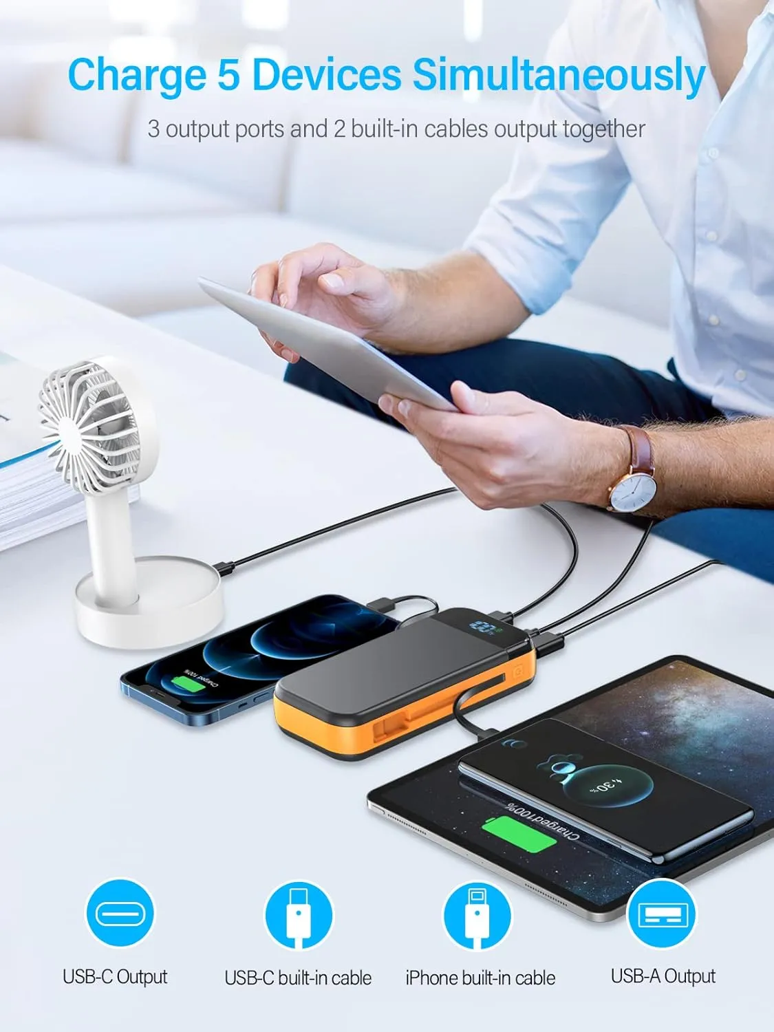Portable Charger 32000mAh, 22.5W QC 3.0 PD 20W Smart LED Display Fast Charging Built in Cables Power Bank, External Battery Pack Charge 5 Devices Compatible with Cellphones (Orange)