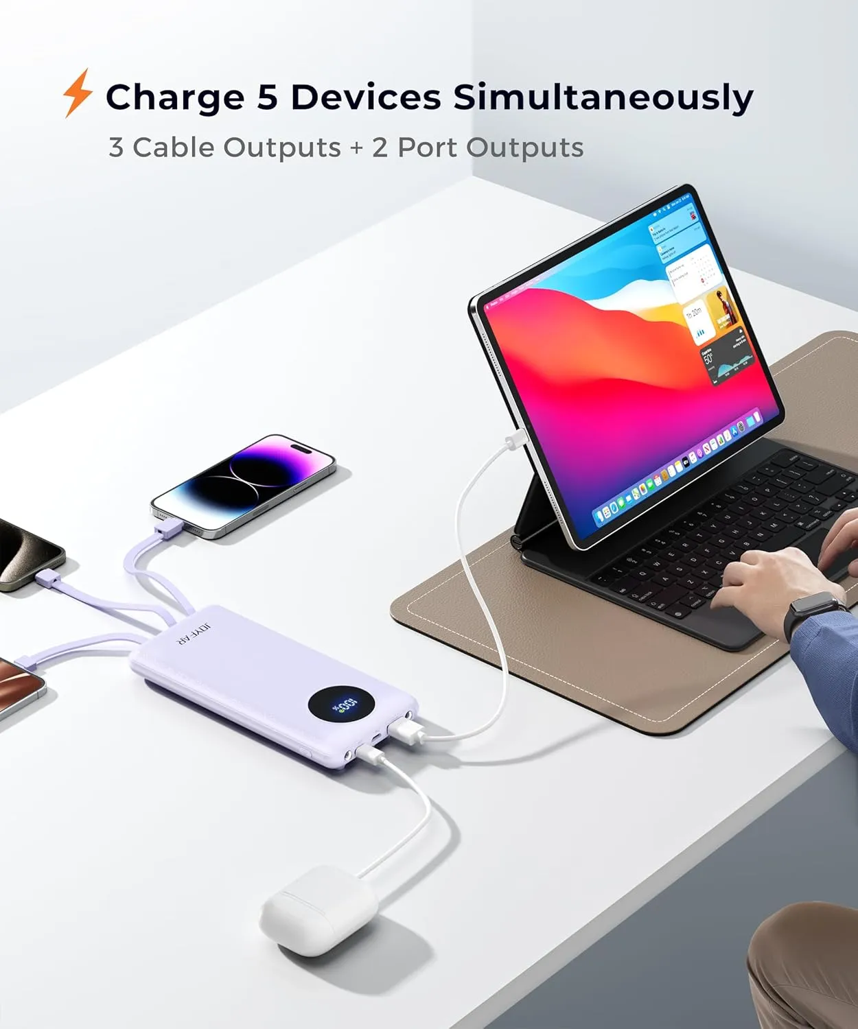 Portable-Charger-Power-Bank Travel Essentials Battery Pack USB C 10000mAh Built in Cable 22.5W Phone Fast Charging Powerbank Compatible with iPhone 16 15 14 13 12 X iPad Samsung Google (Purple)