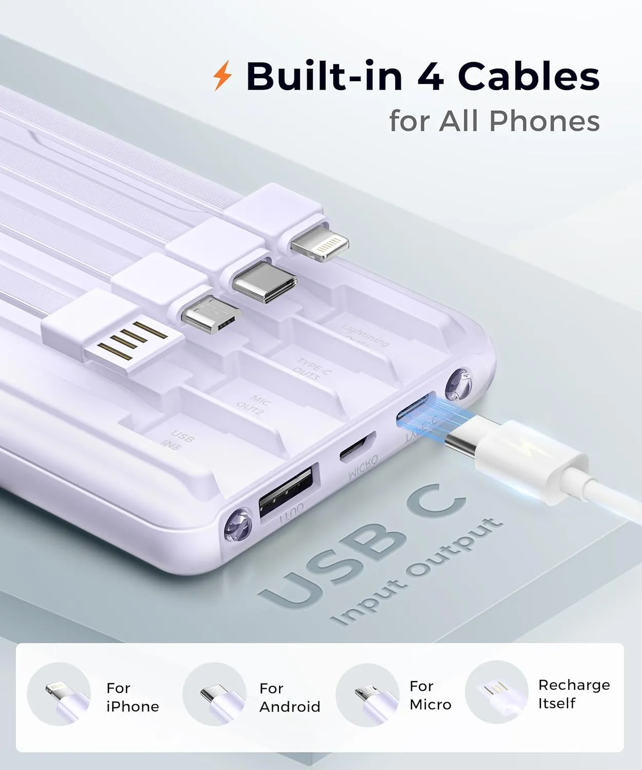 Portable-Charger-Power-Bank Travel Essentials Battery Pack USB C 10000mAh Built in Cable 22.5W Phone Fast Charging Powerbank Compatible with iPhone 16 15 14 13 12 X iPad Samsung Google (Purple)