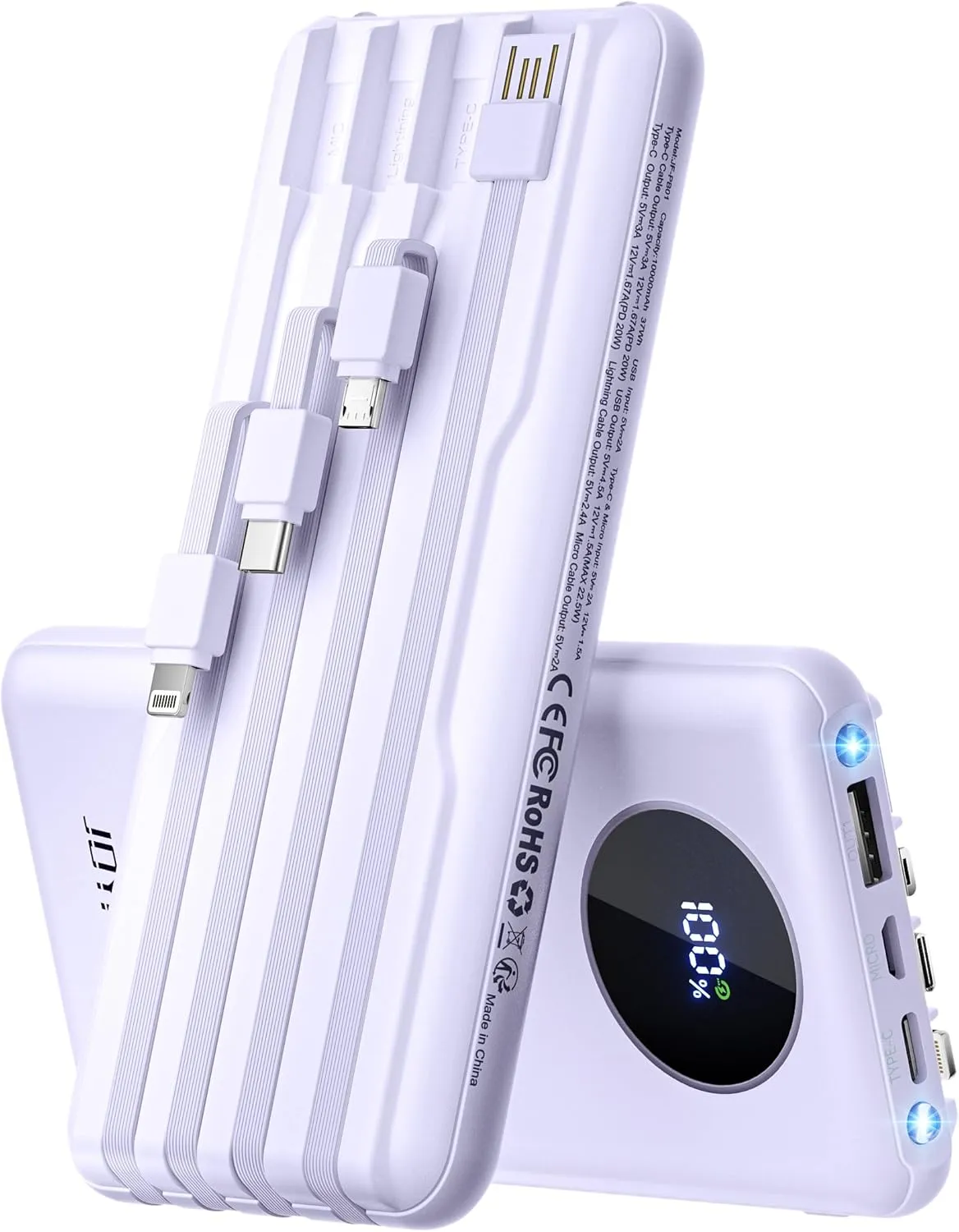 Portable-Charger-Power-Bank Travel Essentials Battery Pack USB C 10000mAh Built in Cable 22.5W Phone Fast Charging Powerbank Compatible with iPhone 16 15 14 13 12 X iPad Samsung Google (Purple)
