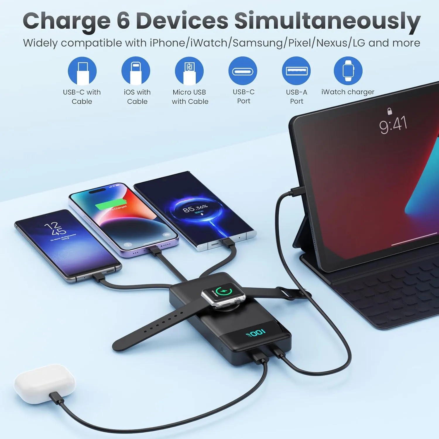 Portable Charger with Built-in Cables and iWatch Charger,10800mAh QC4.0 PD 25W Fast Charging USB C Power Bank,6 Outputs LCD Display Travel Battery Pack for iPhone 16/15/14/13, Android,Apple Watch etc