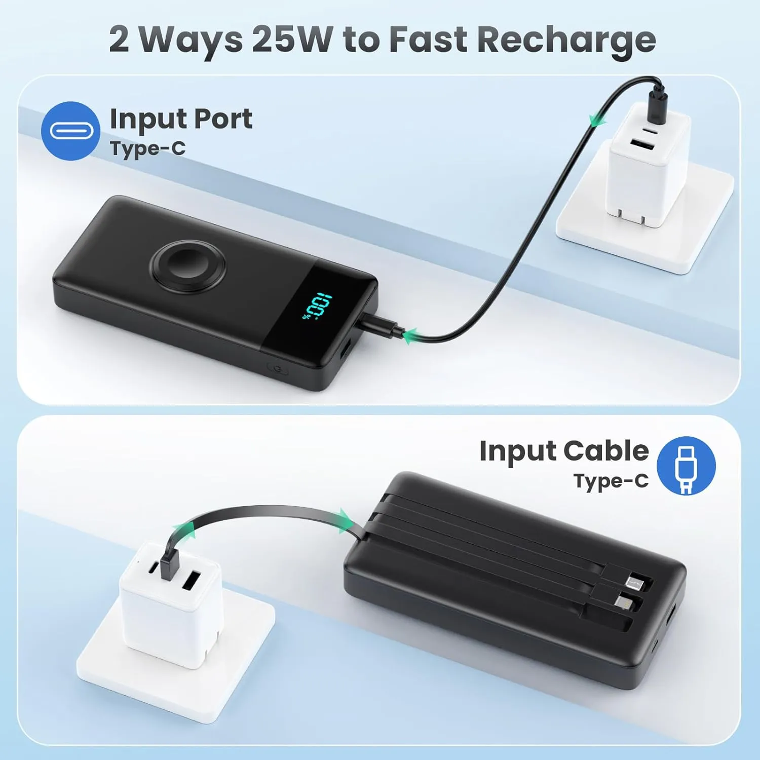 Portable Charger with Built-in Cables and iWatch Charger,10800mAh QC4.0 PD 25W Fast Charging USB C Power Bank,6 Outputs LCD Display Travel Battery Pack for iPhone 16/15/14/13, Android,Apple Watch etc