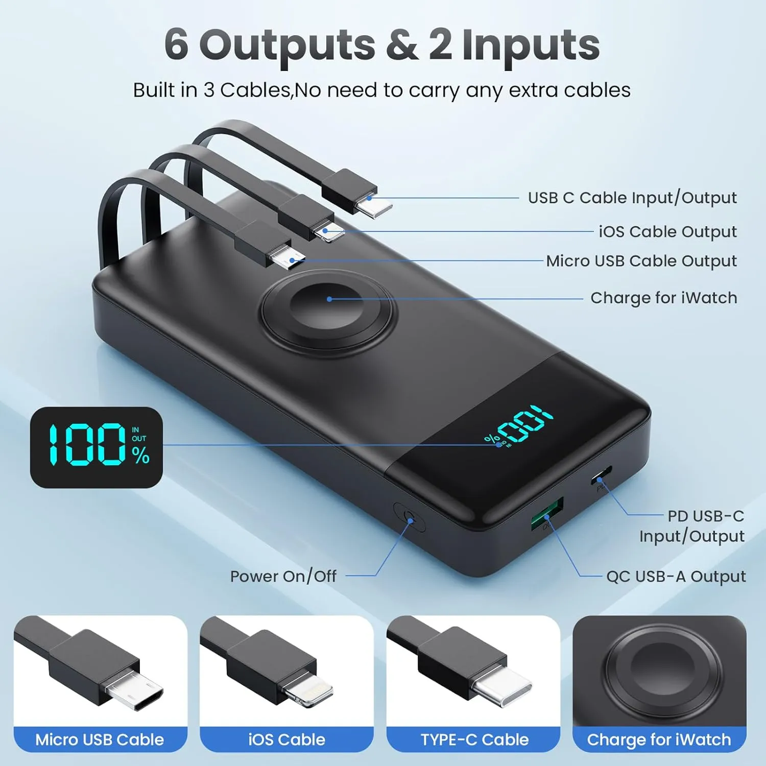 Portable Charger with Built-in Cables and iWatch Charger,10800mAh QC4.0 PD 25W Fast Charging USB C Power Bank,6 Outputs LCD Display Travel Battery Pack for iPhone 16/15/14/13, Android,Apple Watch etc