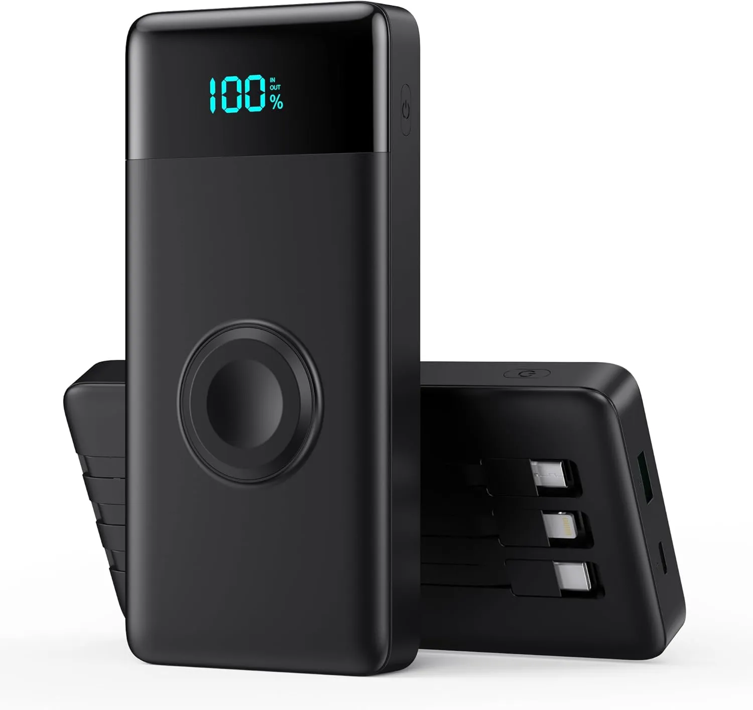 Portable Charger with Built-in Cables and iWatch Charger,10800mAh QC4.0 PD 25W Fast Charging USB C Power Bank,6 Outputs LCD Display Travel Battery Pack for iPhone 16/15/14/13, Android,Apple Watch etc