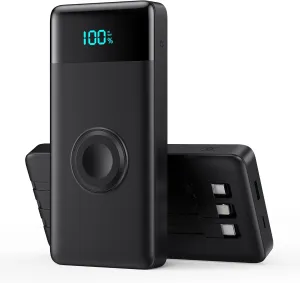 Portable Charger with Built-in Cables and iWatch Charger,10800mAh QC4.0 PD 25W Fast Charging USB C Power Bank,6 Outputs LCD Display Travel Battery Pack for iPhone 16/15/14/13, Android,Apple Watch etc