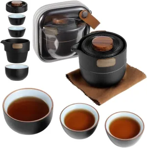 Portable Chinese Tea Set, Compact Ceramic Teapot with 3 Cups, Travel Kung Fu Tea Set in Storage Bag for Camping, Picnic