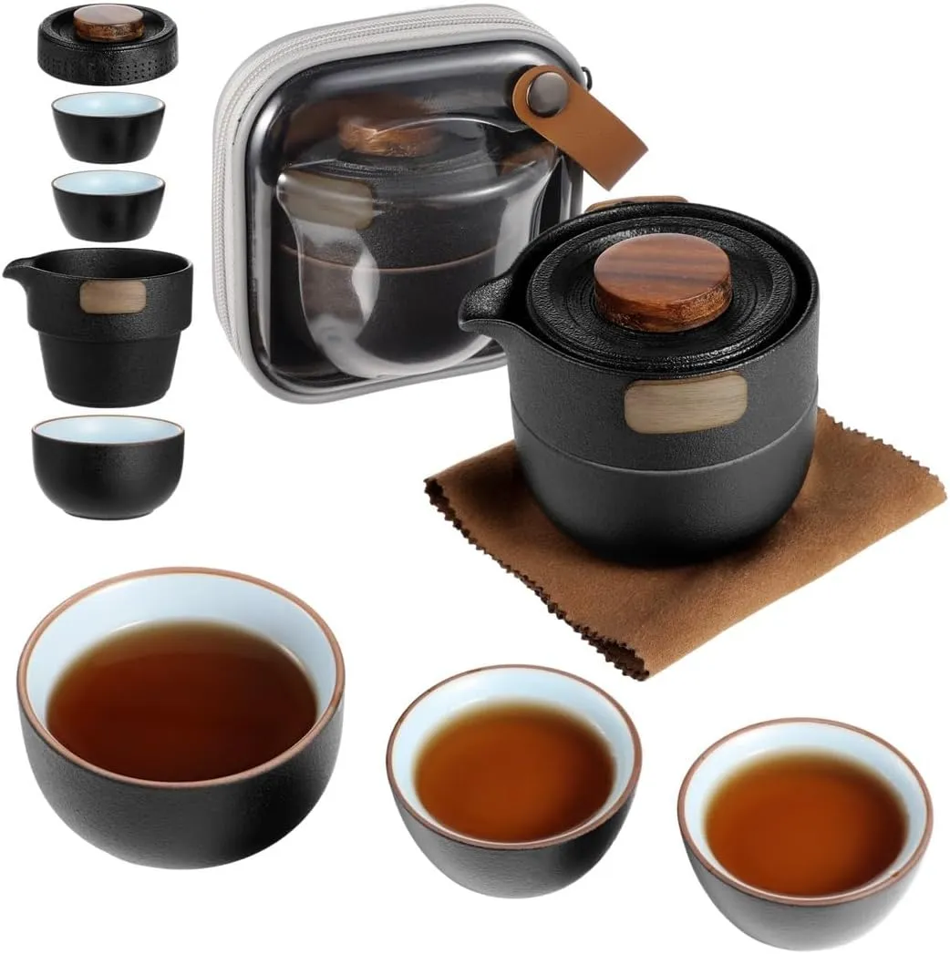 Portable Chinese Tea Set, Compact Ceramic Teapot with 3 Cups, Travel Kung Fu Tea Set in Storage Bag for Camping, Picnic