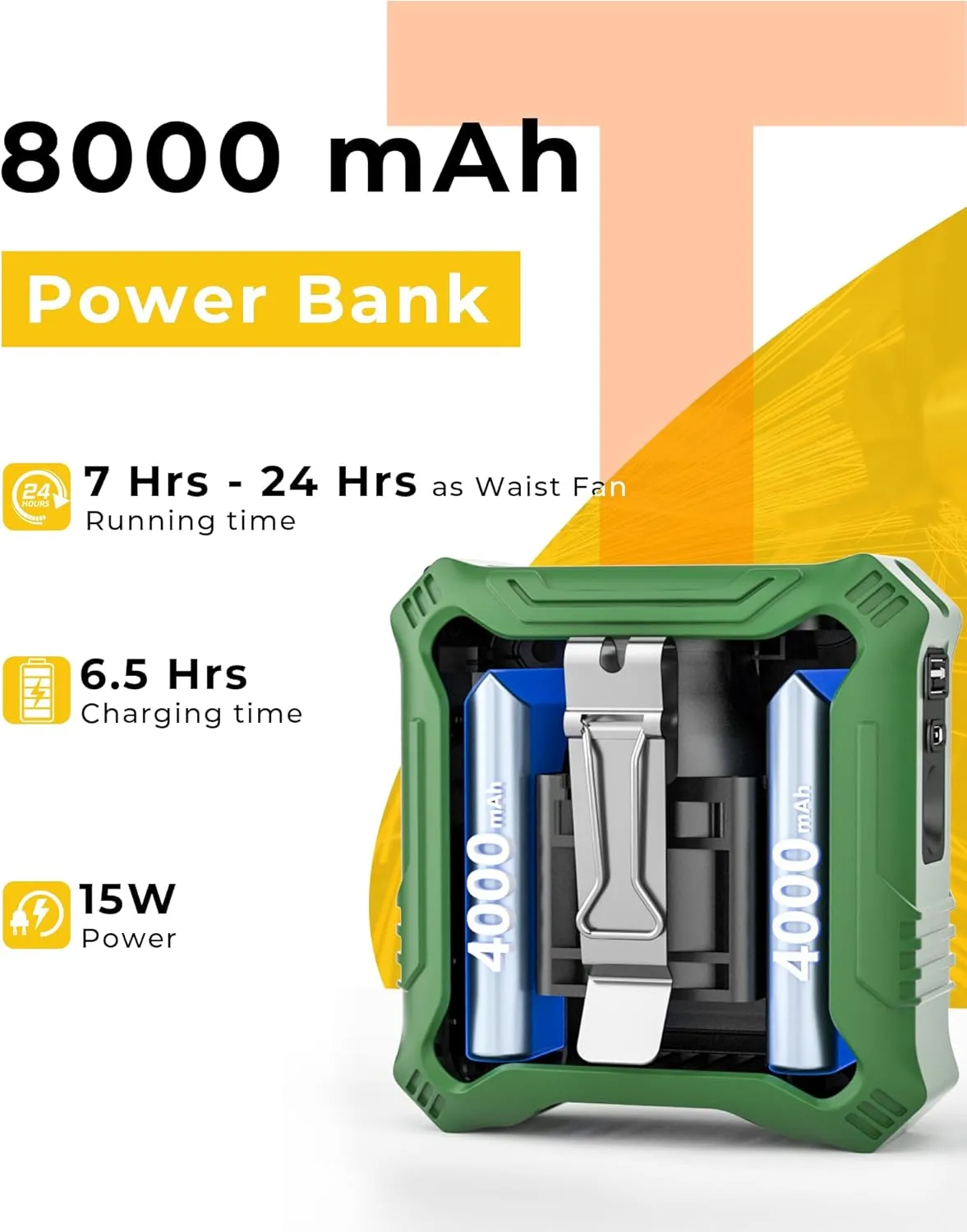 Portable Fan with 5-Speed Settings, Dual-Sided Clip on Wearable Belt Waist Fan for 8000mAh, 2 Settings including Flashlight,Travel Essential for Outdoor Camping as Power Bank