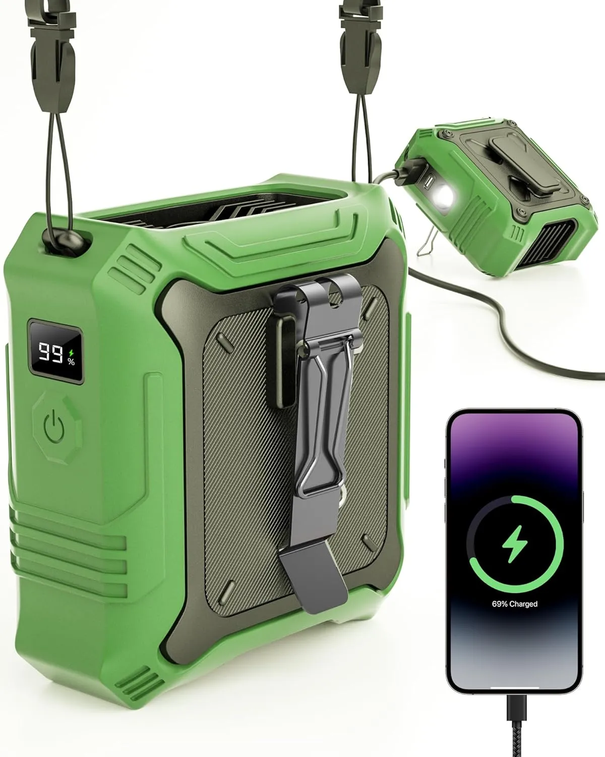 Portable Fan with 5-Speed Settings, Dual-Sided Clip on Wearable Belt Waist Fan for 8000mAh, 2 Settings including Flashlight,Travel Essential for Outdoor Camping as Power Bank
