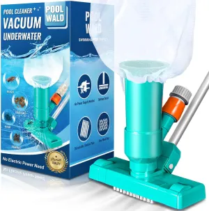 Portable Pool Vacuum for Above Ground Pool, Jet Underwater Cleaner with 3 Scrub Brush, Mesh Bag and 5 Section Pole of 47", Attach to Common Garden Hose, Light Green