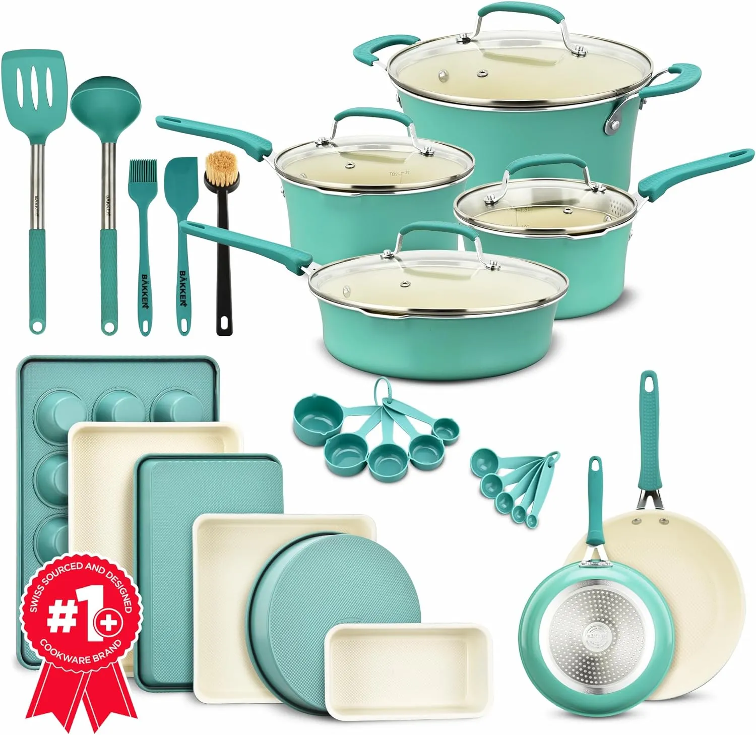 Pots and Pans Set Non Stick Ceramic, 23-Piece Cookware & Bakeware Sets with Plaid Pattern, Stackable Design, Dishwasher Safe, Stain-resistant, Oven & All-Stove Safe, Tempered Glass Lid, Aqua