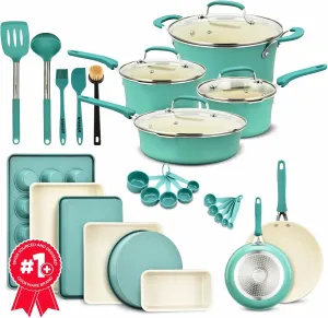 Pots and Pans Set Non Stick Ceramic, 23-Piece Cookware & Bakeware Sets with Plaid Pattern, Stackable Design, Dishwasher Safe, Stain-resistant, Oven & All-Stove Safe, Tempered Glass Lid, Aqua