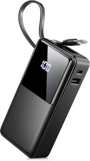 Power Bank 10000mAh, Portable Charger with Built-In USB-C Cable, PD 15W Fast Charging Battery Pack, Clear LED Display portable phone charger, Travel Essentials for iPhone Android Phones etc, Black