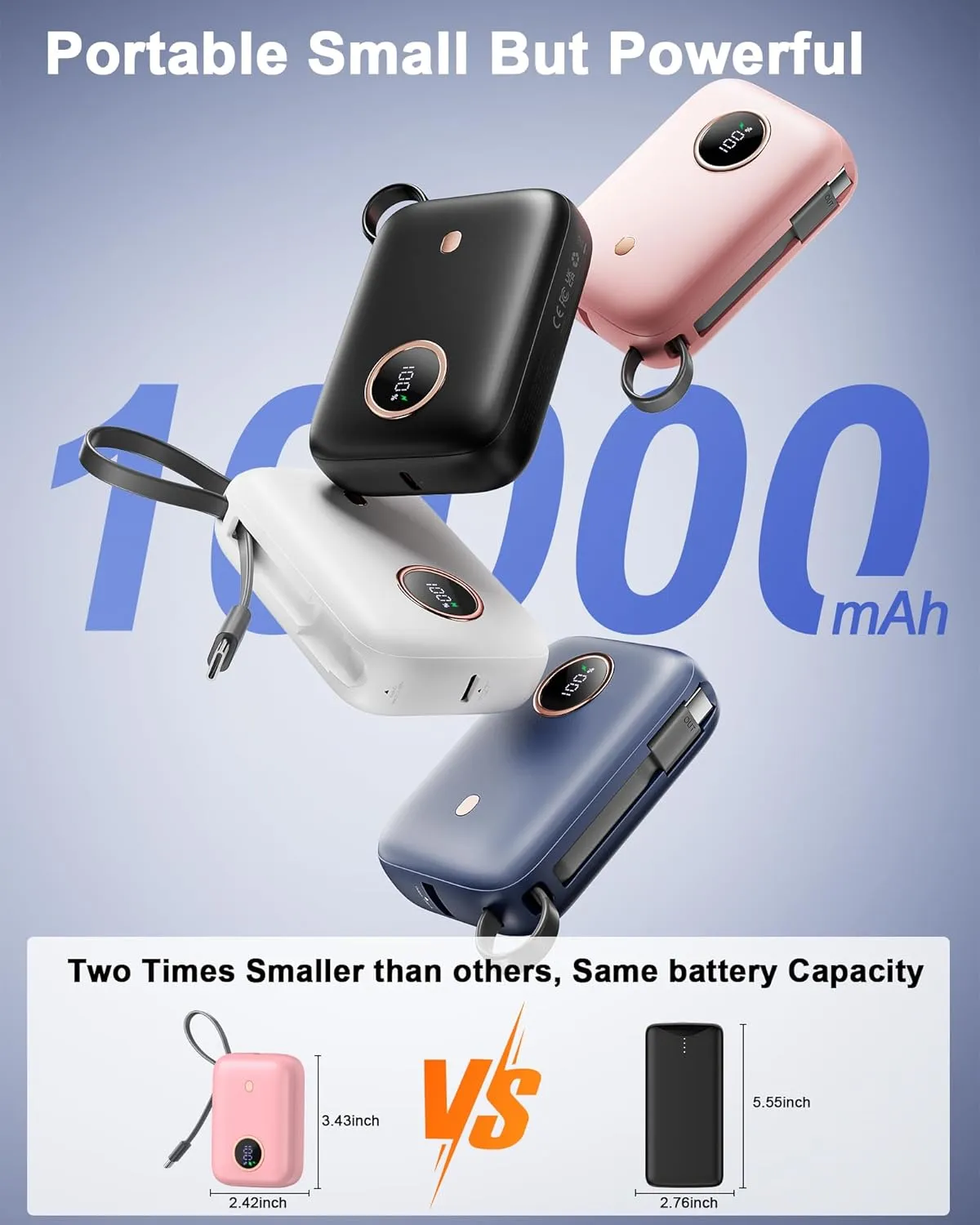 Power Bank, Small 22.5W 10000mAh Portable Charger with Built-in USB-C Cable, Fast Charging Mini Battery Pack Travel Essentials, 2 USB-C and 1 A, for iPhone 16/15/14 Series, Samsung, Google, Pink