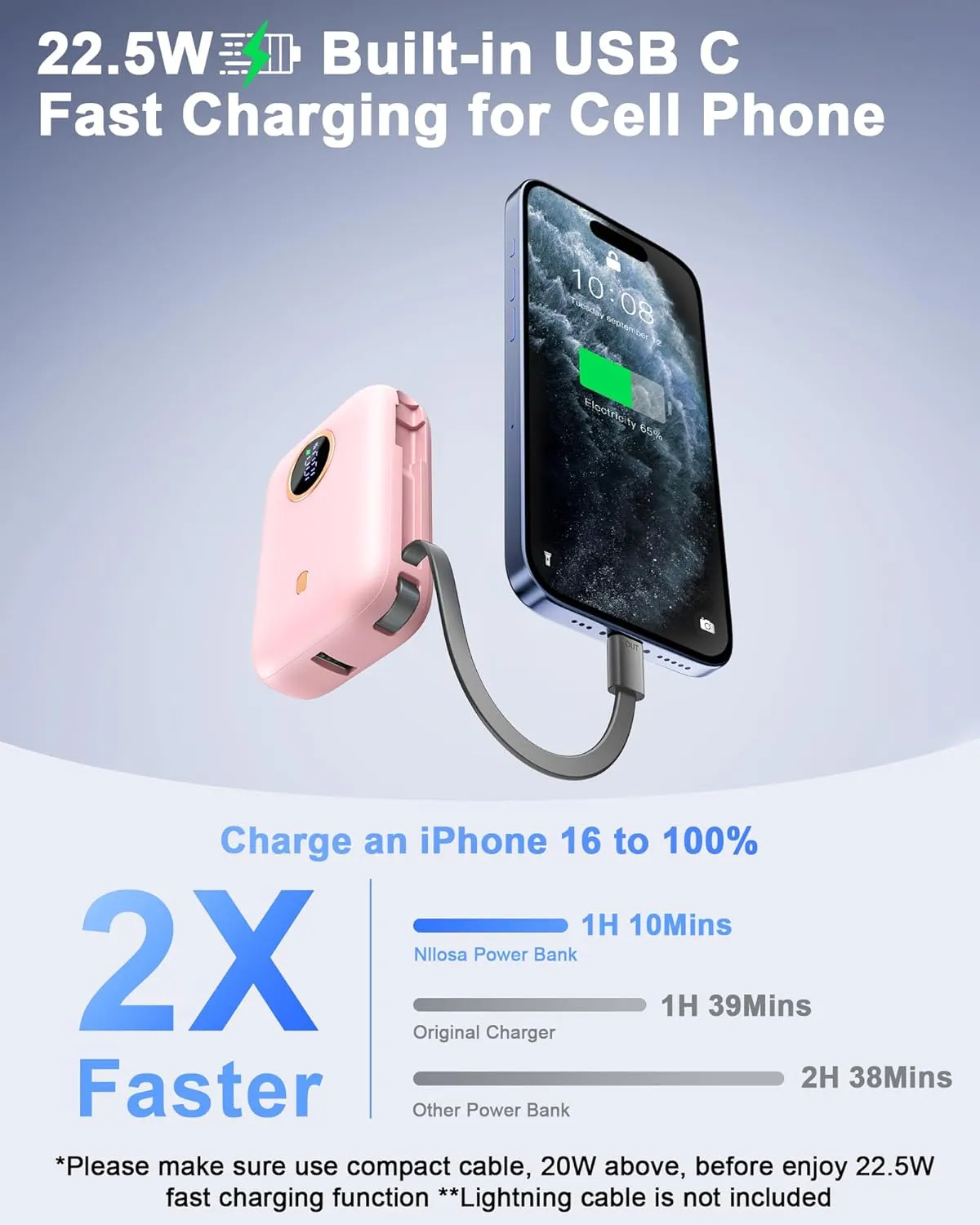 Power Bank, Small 22.5W 10000mAh Portable Charger with Built-in USB-C Cable, Fast Charging Mini Battery Pack Travel Essentials, 2 USB-C and 1 A, for iPhone 16/15/14 Series, Samsung, Google, Pink
