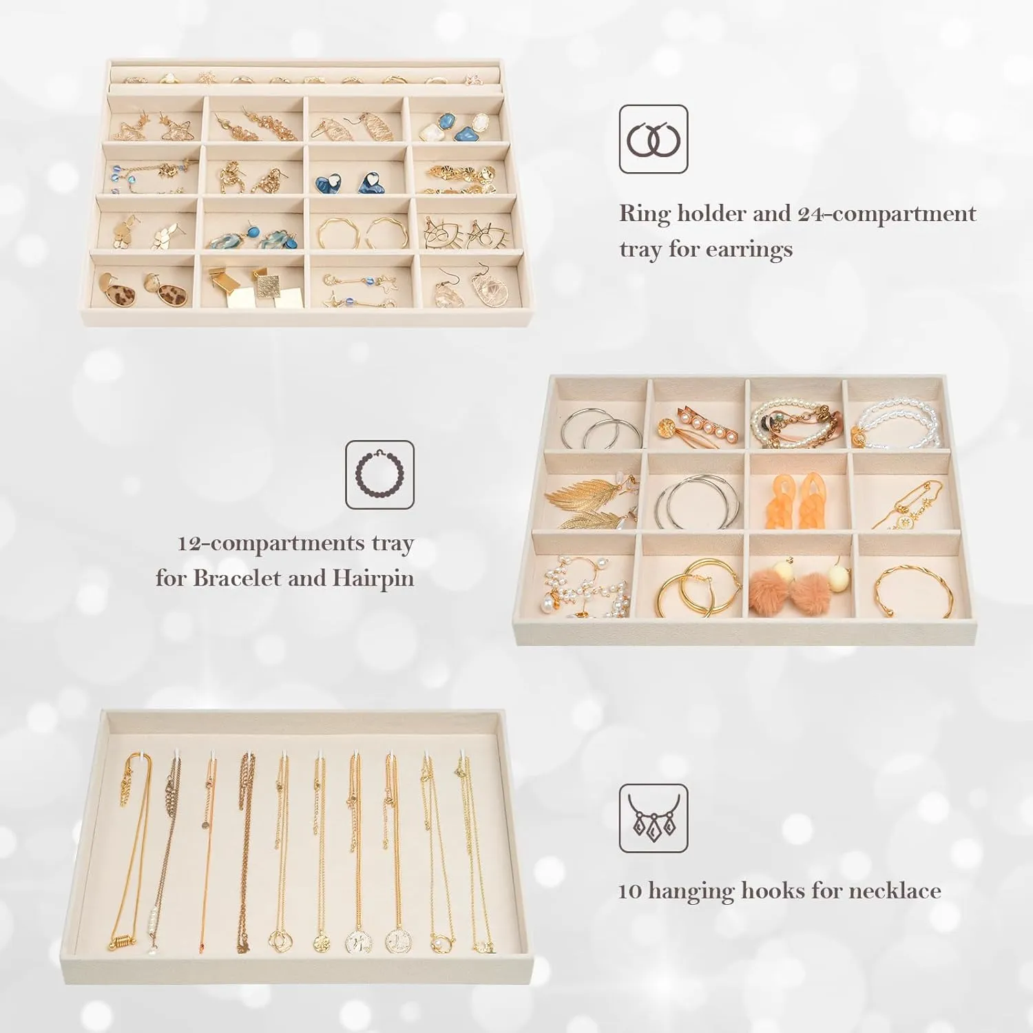 ProCase Stackable Large Jewelry Drawer Organizer, 3 Pack Velvet Jewelry Organizer Tray with Removable Dividers for Earring Necklace Bracelet -Beige