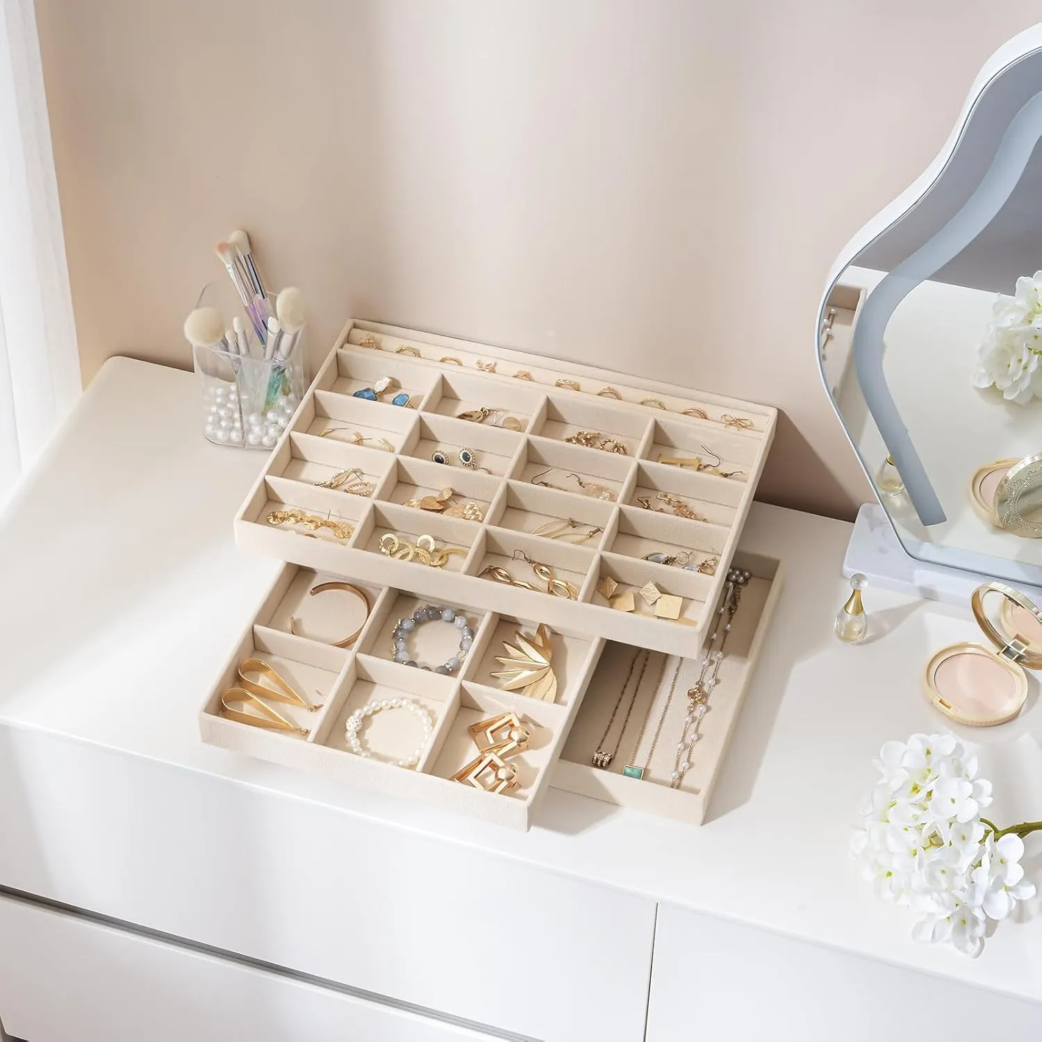 ProCase Stackable Large Jewelry Drawer Organizer, 3 Pack Velvet Jewelry Organizer Tray with Removable Dividers for Earring Necklace Bracelet -Beige