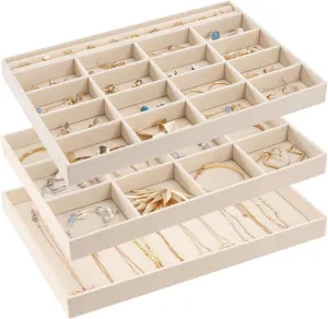 ProCase Stackable Large Jewelry Drawer Organizer, 3 Pack Velvet Jewelry Organizer Tray with Removable Dividers for Earring Necklace Bracelet -Beige