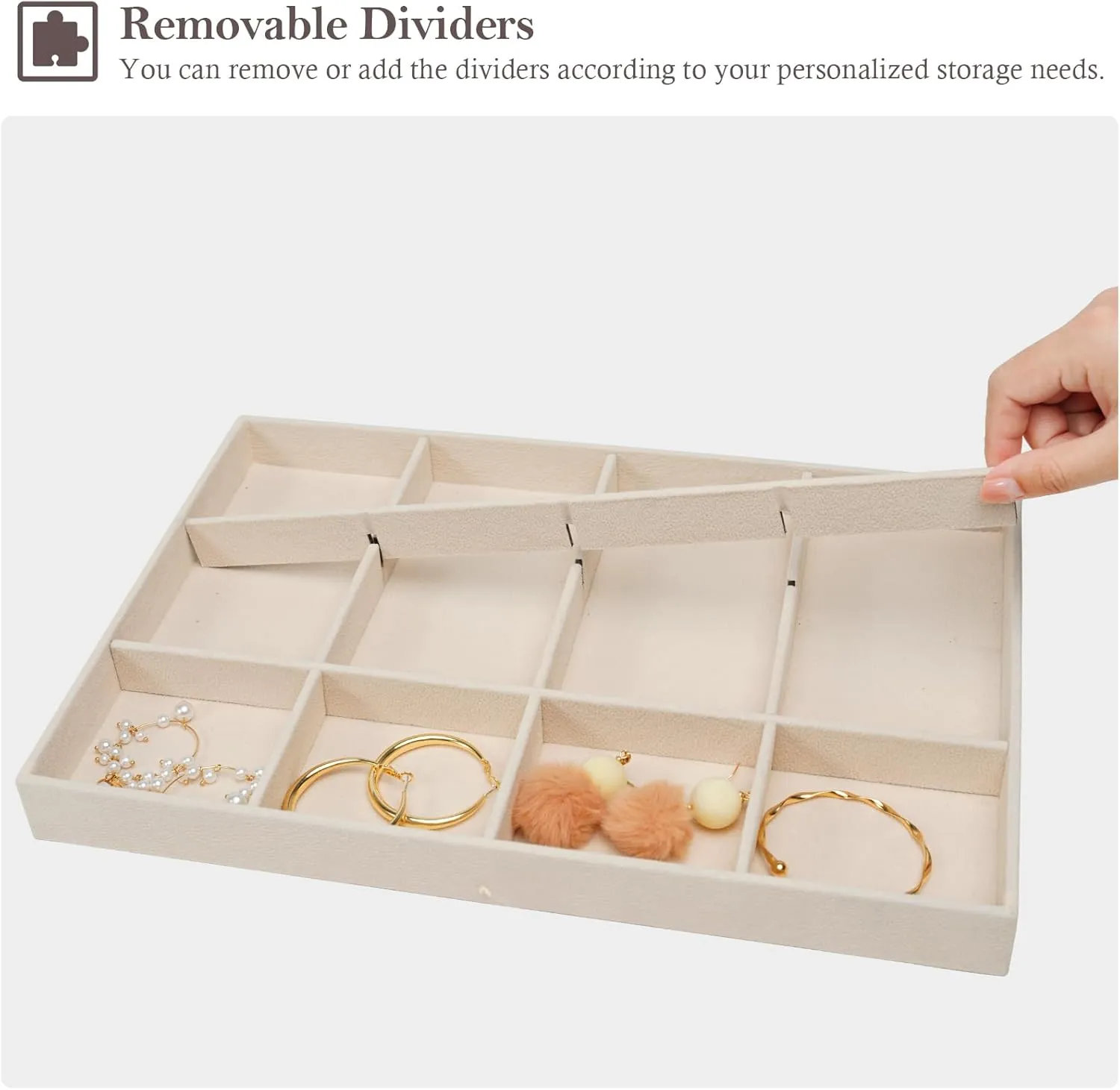 ProCase Stackable Large Jewelry Drawer Organizer, 3 Pack Velvet Jewelry Organizer Tray with Removable Dividers for Earring Necklace Bracelet -Beige