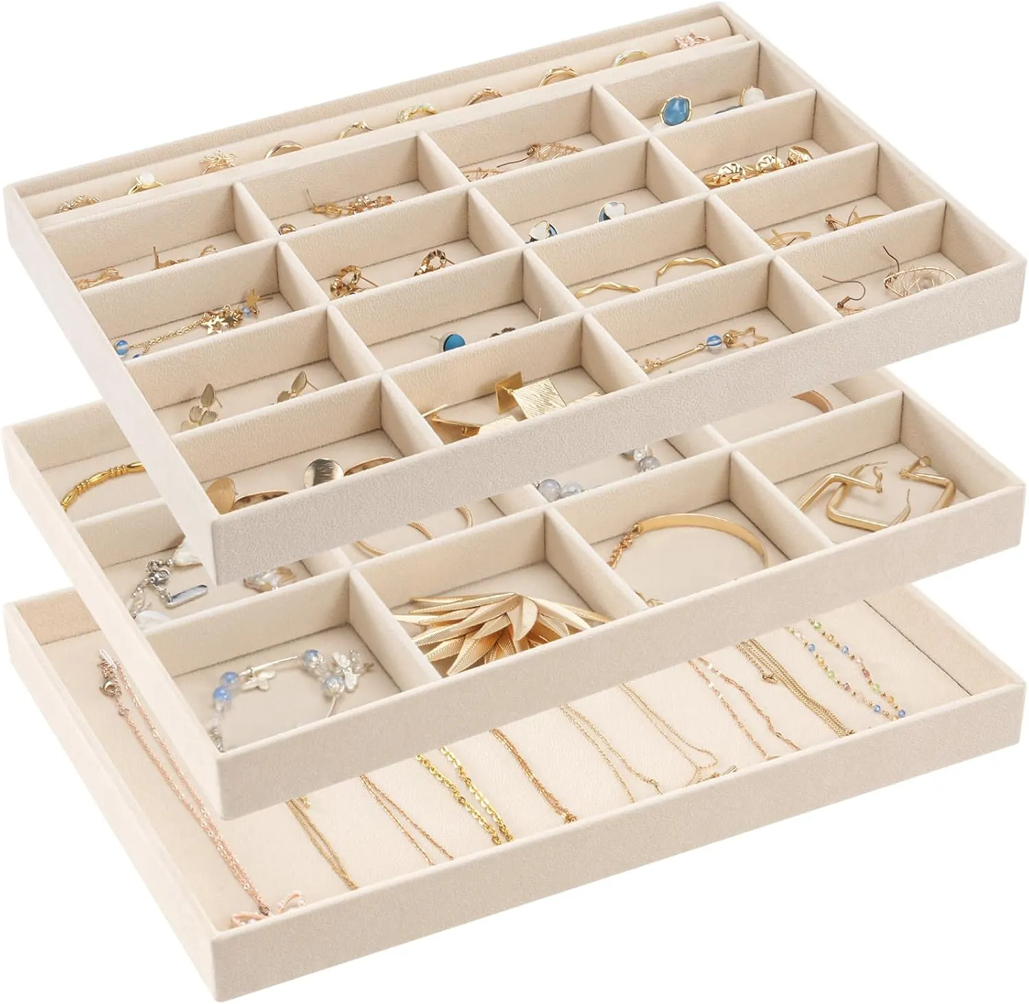 ProCase Stackable Large Jewelry Drawer Organizer, 3 Pack Velvet Jewelry Organizer Tray with Removable Dividers for Earring Necklace Bracelet -Beige