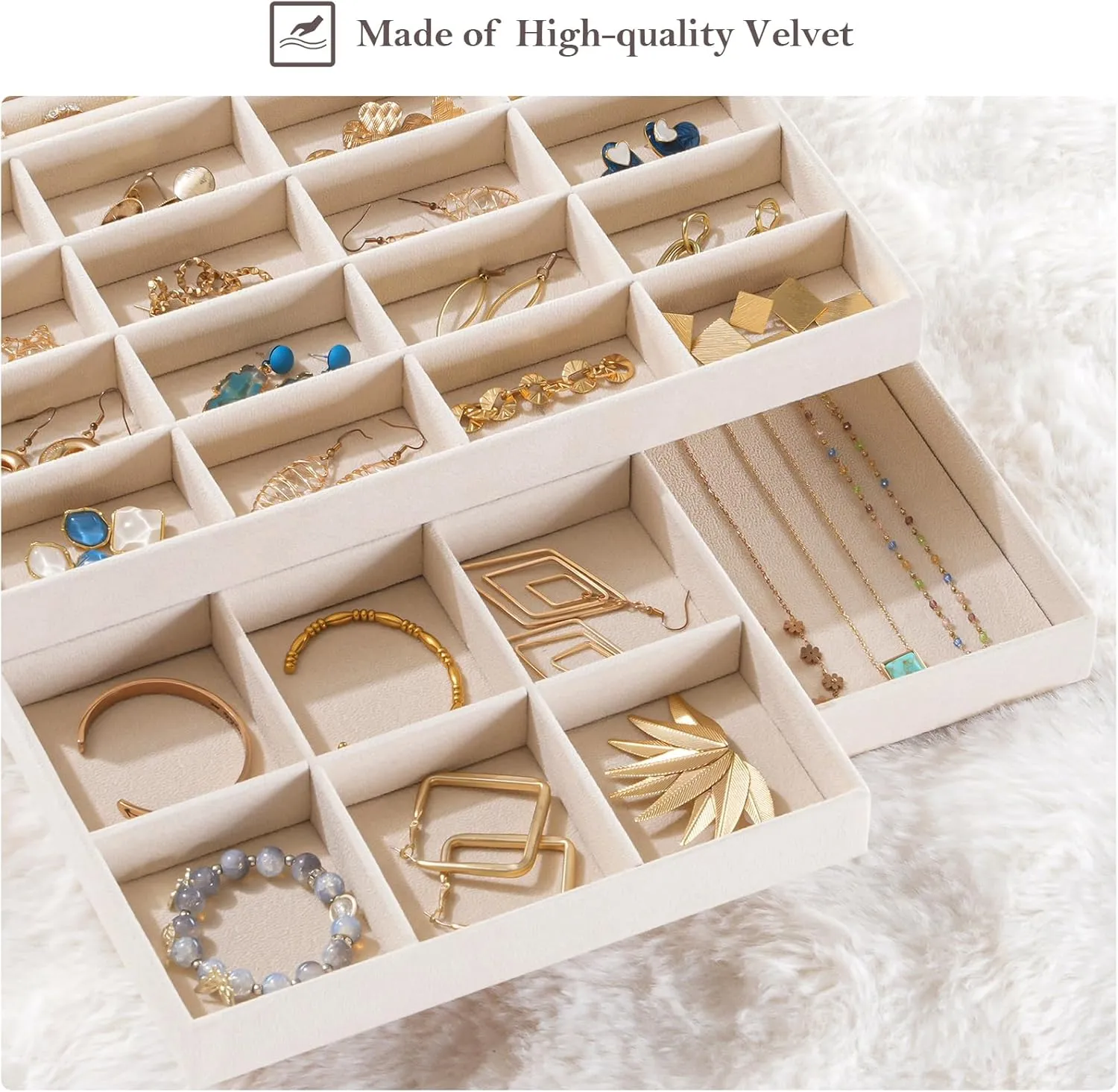 ProCase Stackable Large Jewelry Drawer Organizer, 3 Pack Velvet Jewelry Organizer Tray with Removable Dividers for Earring Necklace Bracelet -Beige