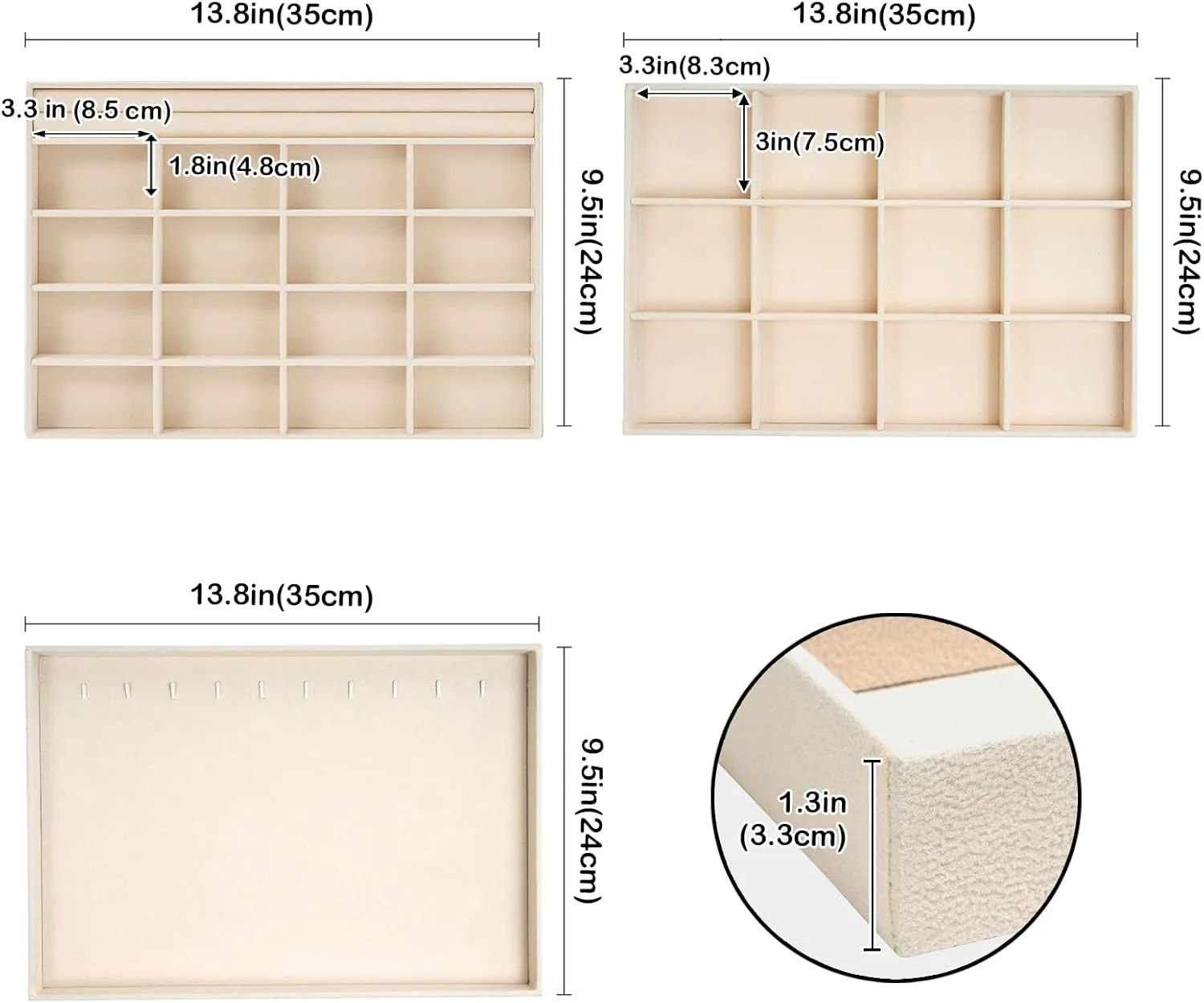 ProCase Stackable Large Jewelry Drawer Organizer, 3 Pack Velvet Jewelry Organizer Tray with Removable Dividers for Earring Necklace Bracelet -Beige