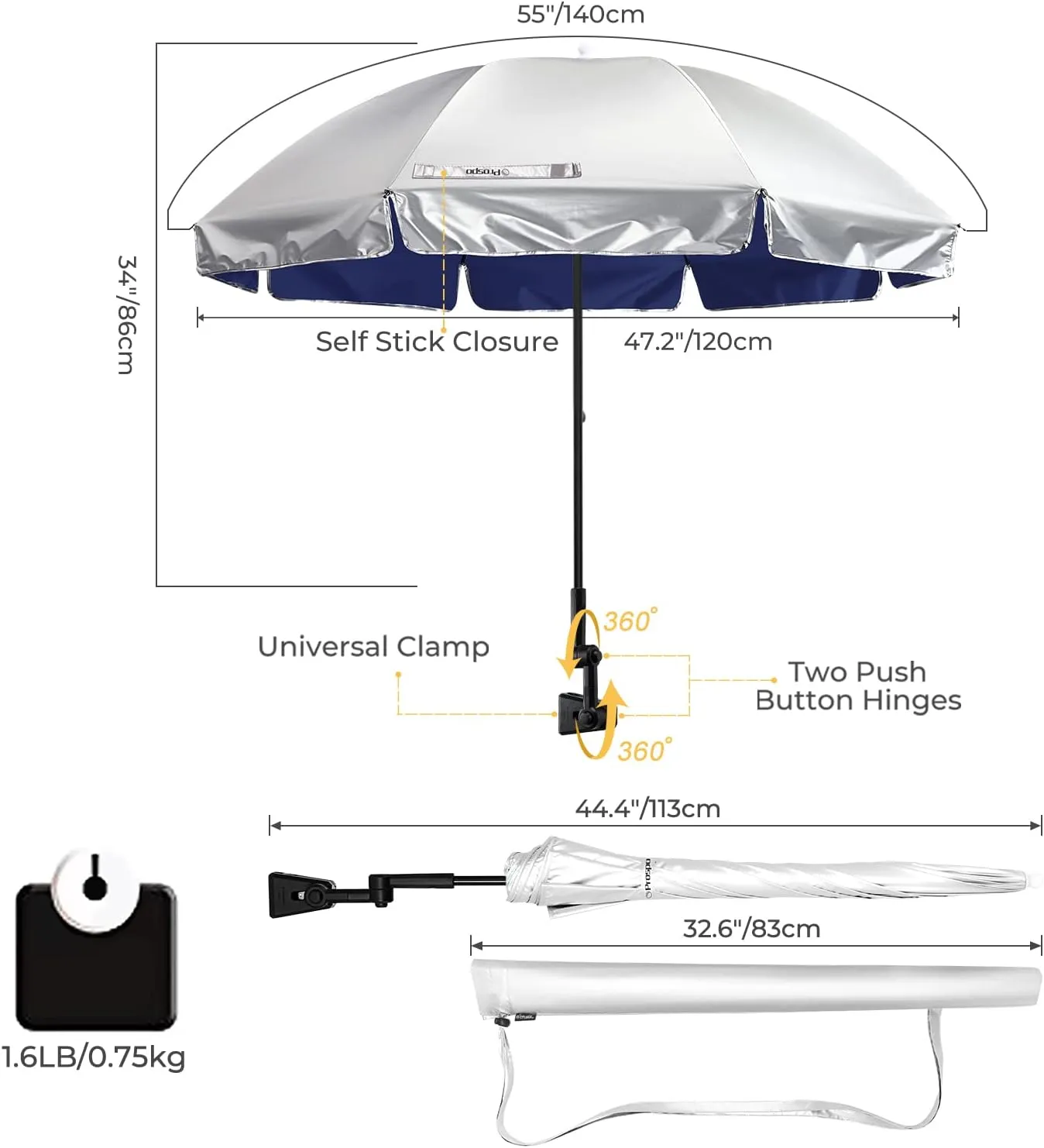Prospo Beach Chair Umbrella with Universal Adjustable Clamp, UV Protection Sunshade Umbrella for Outdoor, Strollers, Wheelchairs, Patio Chairs, Bleacher, and Golf Carts
