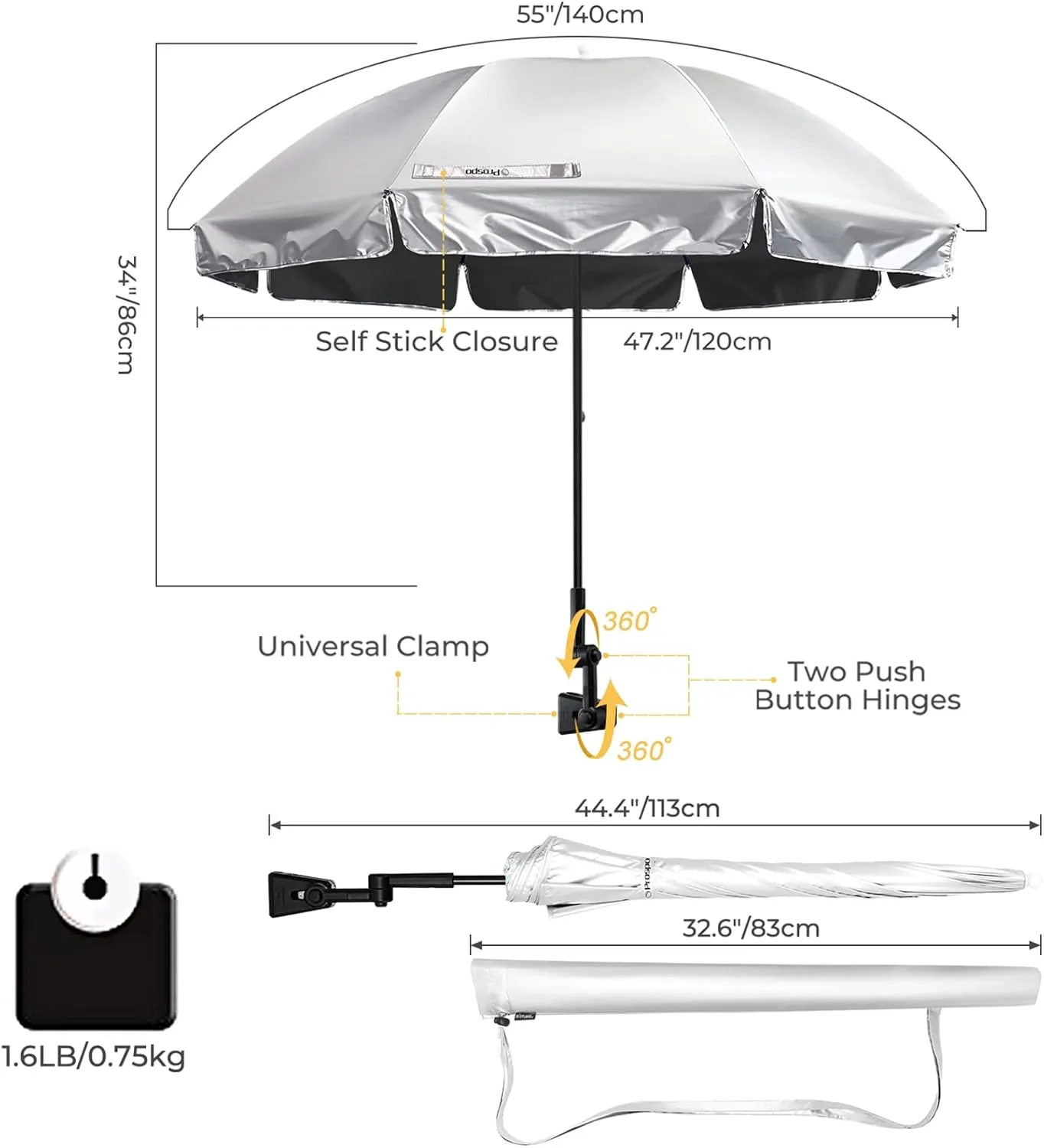 Prospo Beach Chair Umbrella with Universal Adjustable Clamp, UV Protection Sunshade Umbrella for Outdoor, Strollers, Wheelchairs, Patio Chairs, Bleacher, and Golf Carts