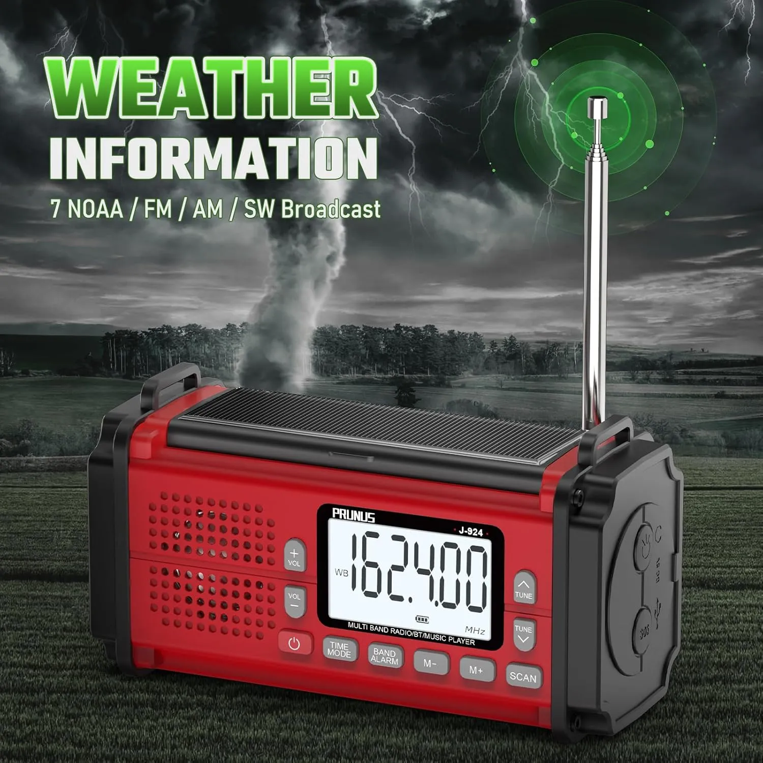 PRUNUS 10000mAh Hand Crank Radio Solar, Battery Powered and USB Charging Emergency Radio, NOAA Weather Radio AM/FM/SW, Torch& Reading Light, SOS Alarm, Power Bank, Compass for Camping 924