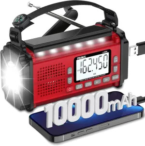 PRUNUS 10000mAh Hand Crank Radio Solar, Battery Powered and USB Charging Emergency Radio, NOAA Weather Radio AM/FM/SW, Torch& Reading Light, SOS Alarm, Power Bank, Compass for Camping 924