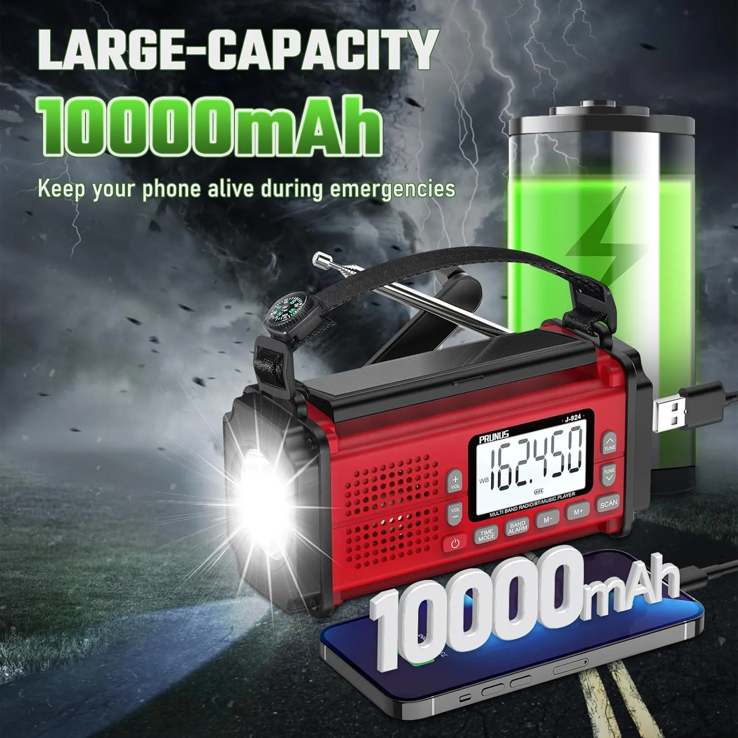 PRUNUS 10000mAh Hand Crank Radio Solar, Battery Powered and USB Charging Emergency Radio, NOAA Weather Radio AM/FM/SW, Torch& Reading Light, SOS Alarm, Power Bank, Compass for Camping 924