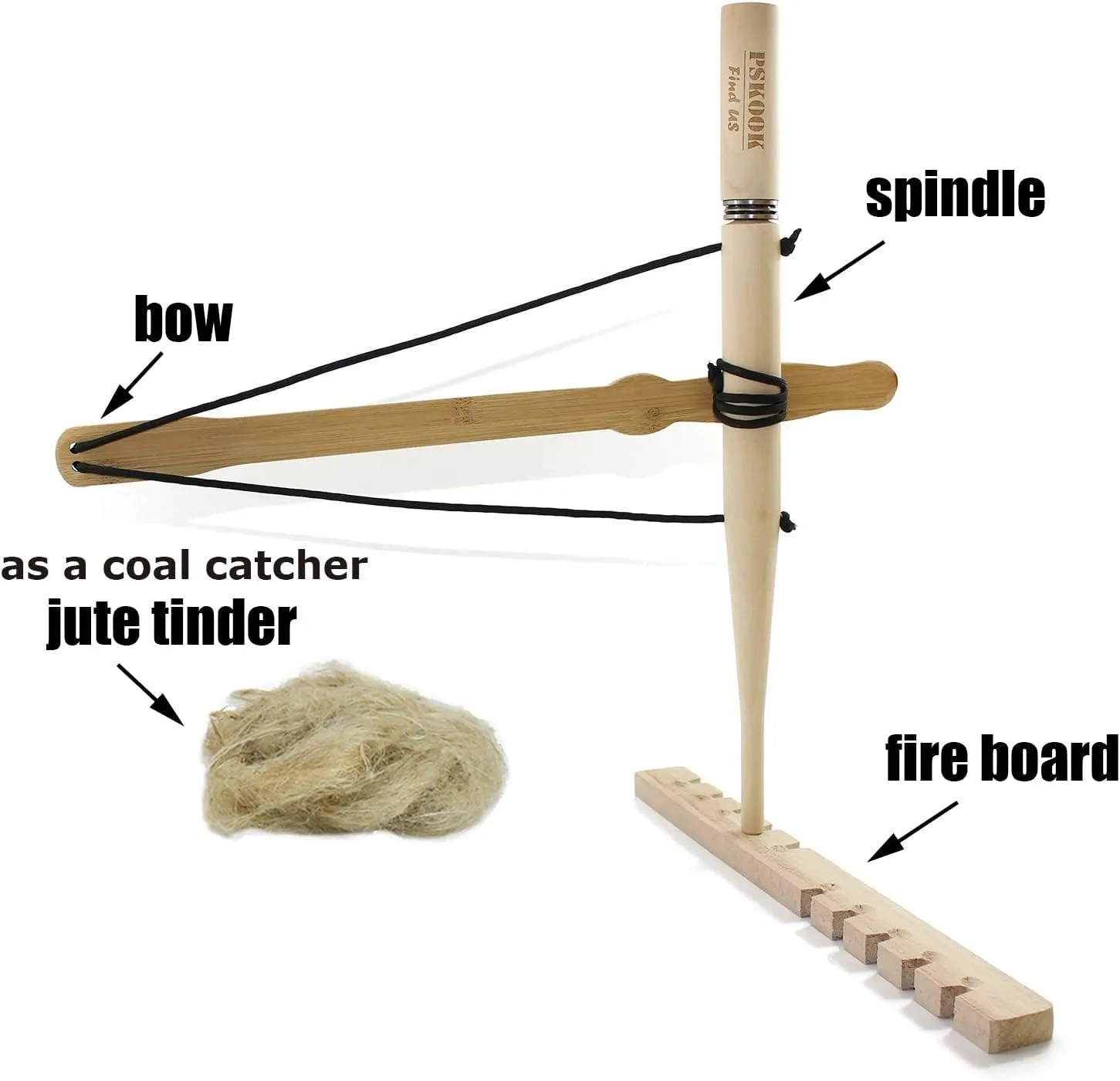 PSKOOK Bow Drill Kit Fire Starter, Primitive Wood, Survival Practice Friction Fire Tool for Scout Outdoor Activity Teaching, Outward Bound Training, Wildness Survival Beginner