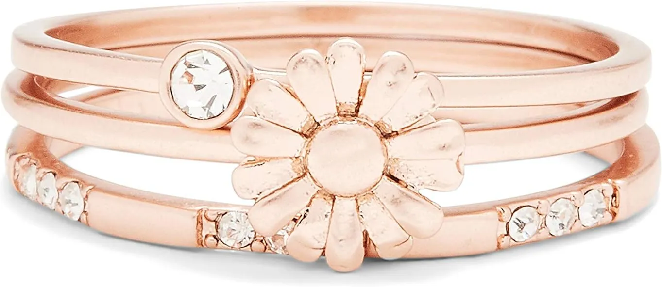 Pura Vida Rose Gold-Plated Daisy Pickin' Ring Stack - Brass Base, Stylish Design - Set of 3, Sizes 5-9