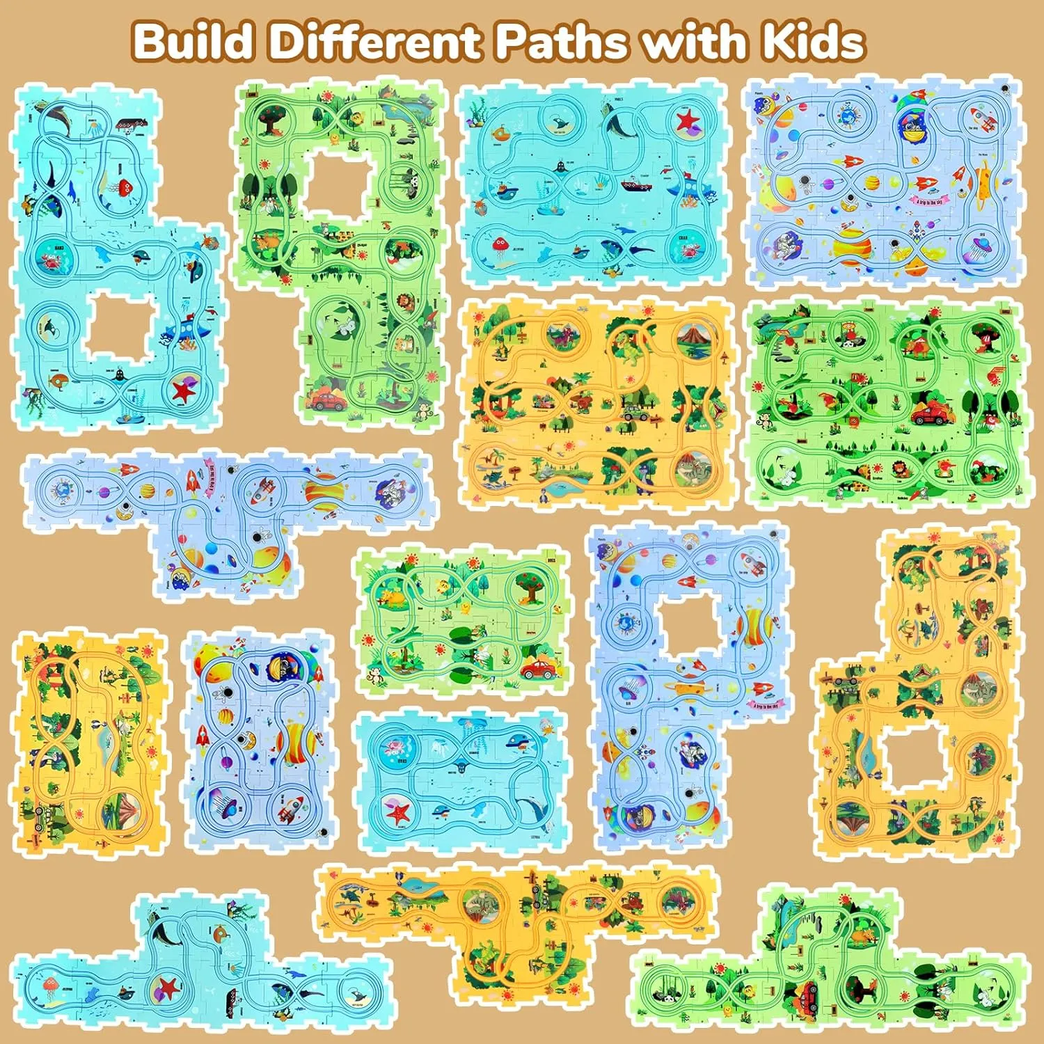 Puzzle Racer Kids Car Track Set, Kids Toys Boys 3-5, Toys for 2 3 4 5 6 Year Old Boys, Toys for Ages 2-4, Montessori Toys for 3  Year Old, Fat Brain Toys(100Pcs, 4 Themes)