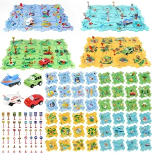 Puzzle Racer Kids Car Track Set, Kids Toys Boys 3-5, Toys for 2 3 4 5 6 Year Old Boys, Toys for Ages 2-4, Montessori Toys for 3  Year Old, Fat Brain Toys(100Pcs, 4 Themes)