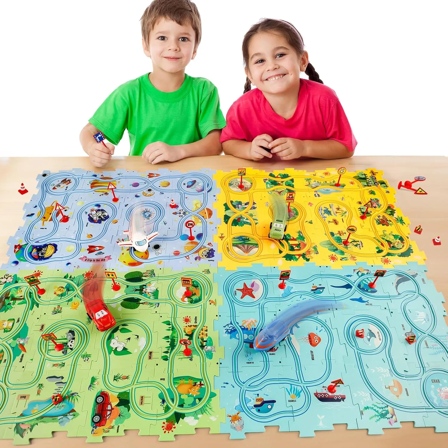 Puzzle Racer Kids Car Track Set, Kids Toys Boys 3-5, Toys for 2 3 4 5 6 Year Old Boys, Toys for Ages 2-4, Montessori Toys for 3  Year Old, Fat Brain Toys(100Pcs, 4 Themes)